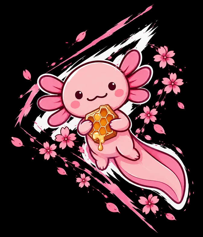 Pink axolotl mascot holding a honeycomb, surrounded by cherry blossoms and a pink brush stroke